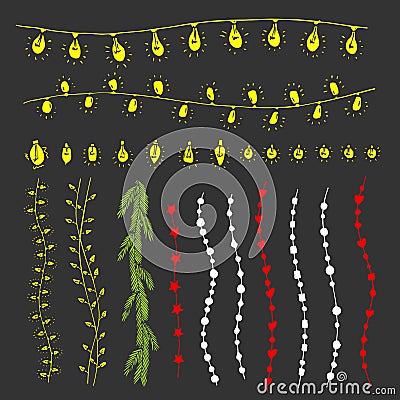 Christmas garlands, lamps, floral elements and decorations painted by hand for winter and holiday illustrations Vector Illustration