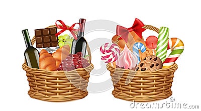 Christmas gift baskets. Realistic food packaging, grocery store festive promo presents vector illustration Vector Illustration