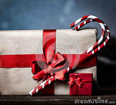 Christmas gift with bowknot and cup of tea Stock Photo