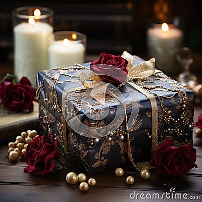 Christmas gift box with candles. wrapped with blue wrapping paper and a bow, Stock Photo