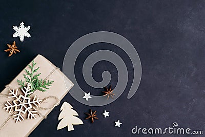 Christmas gift box and decorations, flat lay Stock Photo