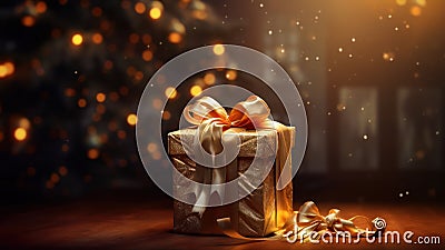 Christmas gift box or present with bow ribbon lit by magical dreamy light. Stock Photo