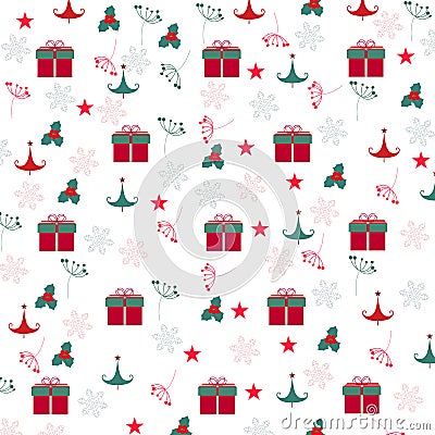 Christmas gift box, snowflake, tree pattern background Vector Illustration