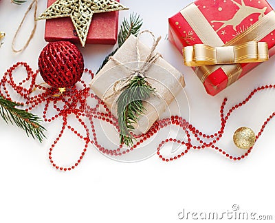 Christmas gift boxes with christmas decorations Stock Photo