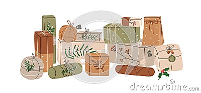 Christmas gift boxes pile. Heap of holiday packages, many surprises, presents in kraft wrapping, brown paper, decorated Vector Illustration