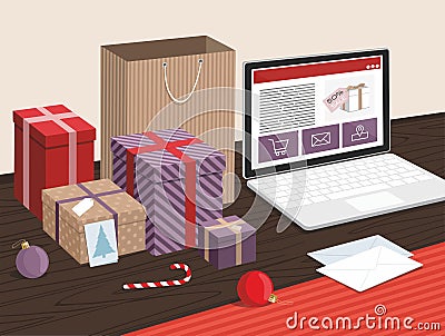 Christmas Gift boxes and shopping bags with notebook on table. New Year Vector Illustration