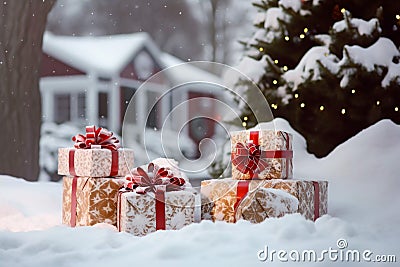 Christmas gift boxes with Xmas ribbons greeting card festive wrapped boxes of Christmas presents with ribbon bows generative AI Stock Photo