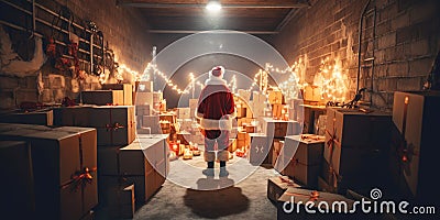 Christmas gift delivery Santa Claus standing in shop warehouse storage full of cardboard present boxes Stock Photo