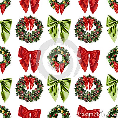 Christmas gift with green wreath, light for branches. Seamless winter simple pattern with bow tie. Stock Photo