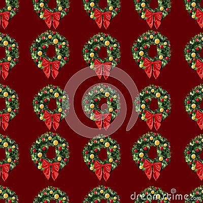 Christmas gift with green wreath, light for branches. Seamless winter simple pattern with bow tie. Stock Photo