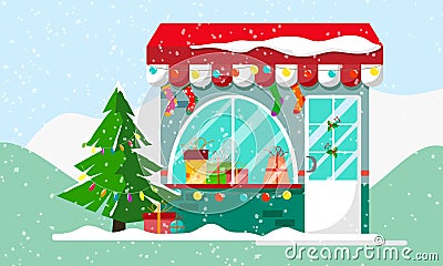 Christmas gift or presents shop.Winter xmas, shopping mall for family. Holiday market for celebration, gift sale building facade e Vector Illustration