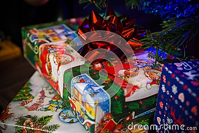 New Year gift with red bow Stock Photo