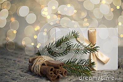 Christmas Gift`s in White Box with light Ribbon on Light Background. New Year Holiday Composition Banner. Copy Space For Stock Photo