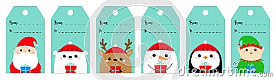 Christmas gift tag set. Santa Claus Elf White polar bear Snowman Raindeer Deer Penguin bird face. New Year. Cute cartoon funny Vector Illustration
