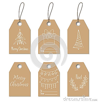 Christmas gift tags. Hand drawn craft labels Vector Illustration