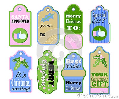 Christmas gift tags set on white background. Pastel color vintage icons for sale or discount offer. Stock Photo