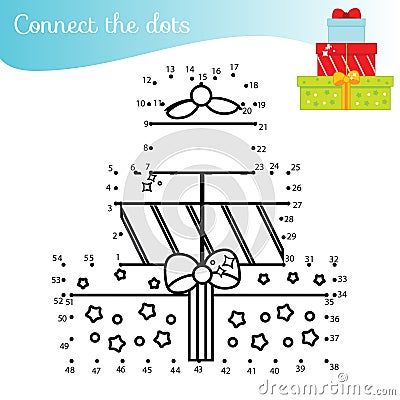 Christmas gift boxes. Connect the dots. Dot to dot by numbers activity for kids and toddlers. Children educational game for new Vector Illustration