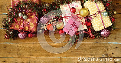 Christmas gifts with christmas decoaration and christmas balls. Flat lay template with large copy space Stock Photo