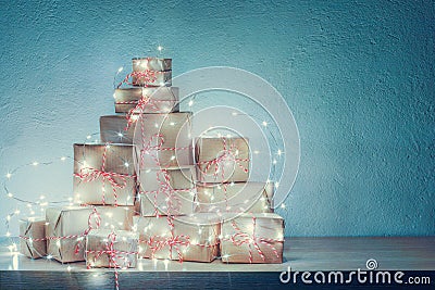 Christmas gifts decorated with Christmas light Stock Photo