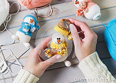 Christmas gifts handmade. Wooden background. Top view. Making New Year decoration. Stock Photo