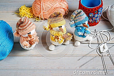 Christmas gifts handmade. Wooden background. Top view. Making Ne Stock Photo