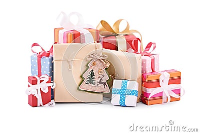 Pile of christmas gifts on white background Stock Photo