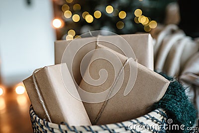 Christmas gifts in Kraft paper Stock Photo