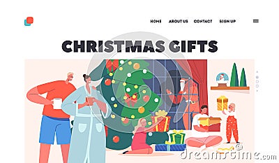 Christmas Gifts Landing Page Template. Big Happy Family Xmas Celebration, Parents and Kids Open People Celebrate Vector Illustration