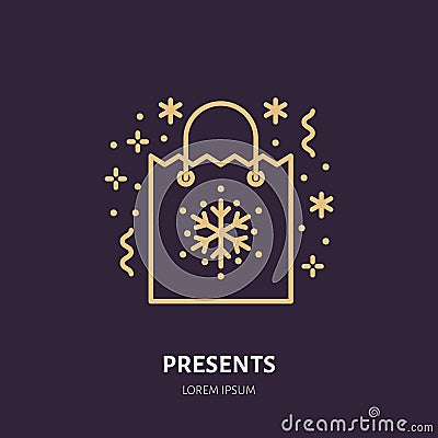 Christmas gifts, new year presents packaging flat line icons. Winter holidays vector illustration, signs for celebration Vector Illustration