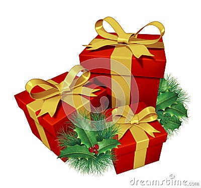 Christmas gifts with pine holly Stock Photo