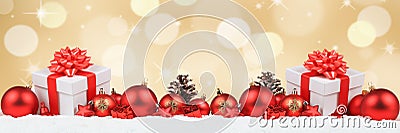 Christmas gifts presents balls banner decoration golden background copyspace Stock Photo