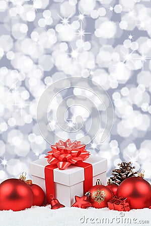 Christmas gifts presents balls decoration snow background portrait format Stock Photo