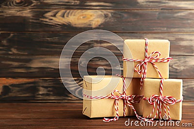 Christmas gifts presents on brown background with copy space Stock Photo