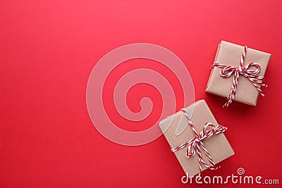 Christmas gifts presents on a red background. Stock Photo