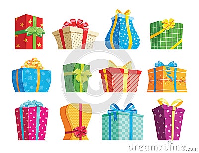 Christmas gifts. Set of colorful cartoon presents, isolated on white background. Vector illustration of cute gift boxes Vector Illustration