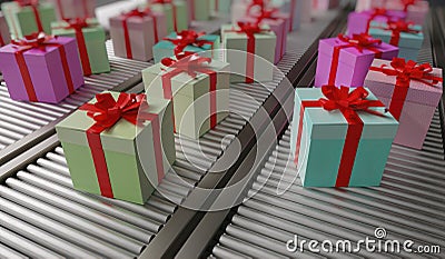 Christmas gifts shipping. Many gifts on conveyor. 3D rendered illustration. Cartoon Illustration