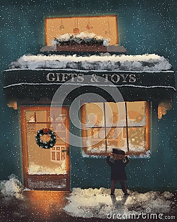 Christmas gifts and toys shop illustration Stock Photo