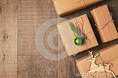 Christmas gifts on wooden background. View from above Stock Photo