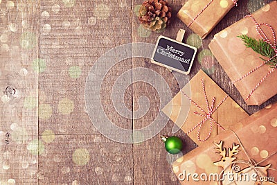 Christmas gifts on wooden background. View from above with copy space Stock Photo