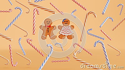 Christmas gingerbread coockies with candy lollipops isolated on a beige background. Stock Photo