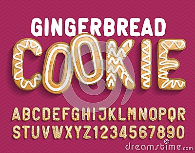 Christmas Gingerbread Cookie alphabet font. Cartoon letters and numbers with shadow. Vector Illustration