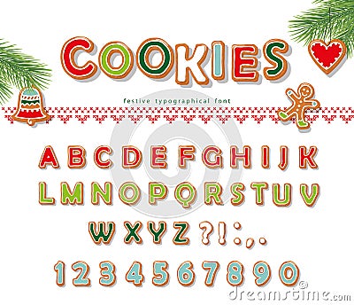 Christmas Gingerbread Cookie font. Biscuit letters and numbers. Vector Stock Photo