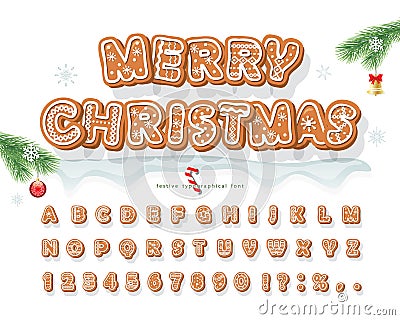 Christmas Gingerbread Cookie font. Bisquit traditional decorative alphabet. Hand drawn cartoon colorful letters, numbers Vector Illustration