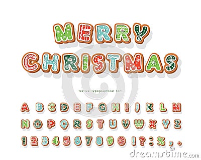 Christmas Gingerbread Cookie font. Hand drawn cartoon colorful alphabet for holidays. Biscuit letters and numbers. Vector Cartoon Illustration