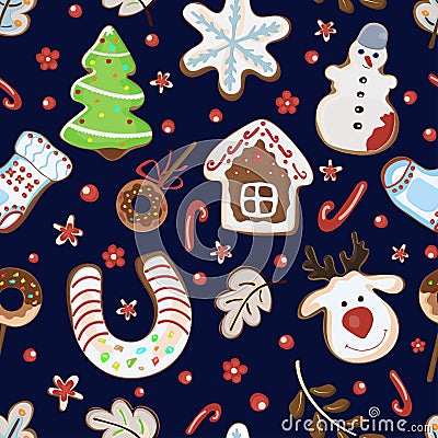 Christmas gingerbread cookie pattern, house, tree, snowman, deer, sock, snowflake Vector Illustration