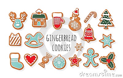 Christmas Gingerbread Cookies big set. Traditional decorative elements. Cute stickers for winter holidays design. Vector Vector Illustration