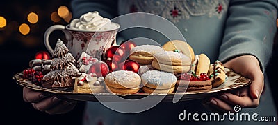 Christmas gingerbread cookies. Female hands hold a tray with Christmas snacks: candies, cocoa in cups, Christmas tree branches. Stock Photo