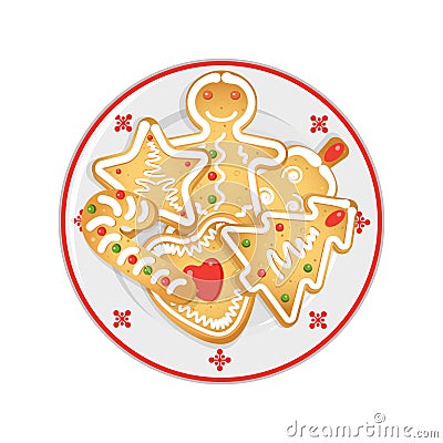 Christmas gingerbread cookies on forforof platter with red border. Vector Illustration