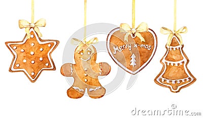 Christmas gingerbread cookies hanging border on a white background. Cartoon Illustration