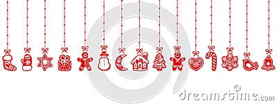 Christmas gingerbread cookies hanging on red ribbons. Seamless border. Vector illustration isolated Vector Illustration